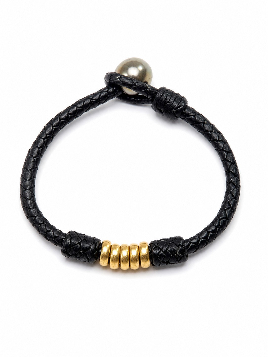 Ibiza 14K Gold Herringbone Leather Bracelet with Pearl