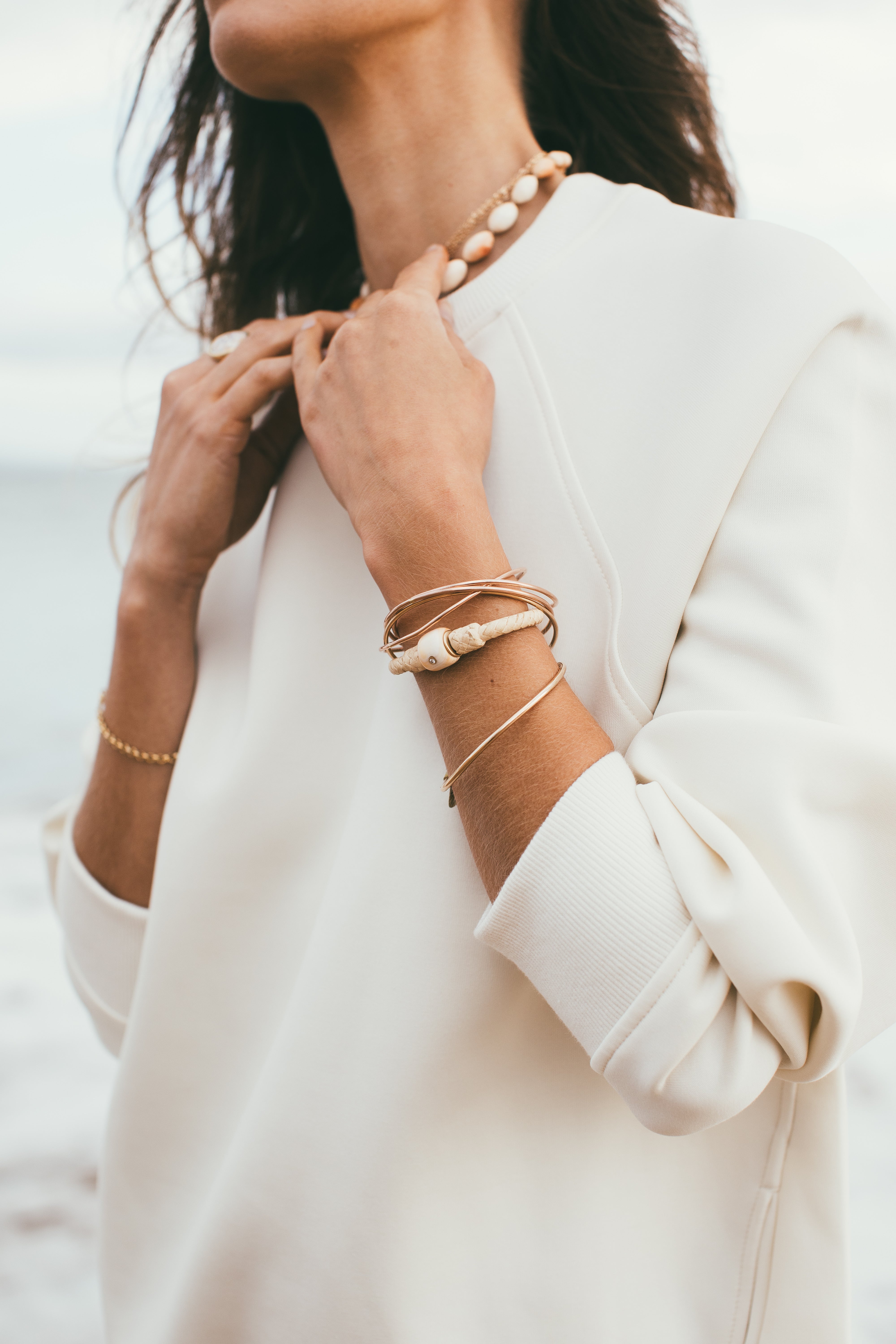 14K Gold Vintage Conch & Diamond Herringbone Leather Bracelet