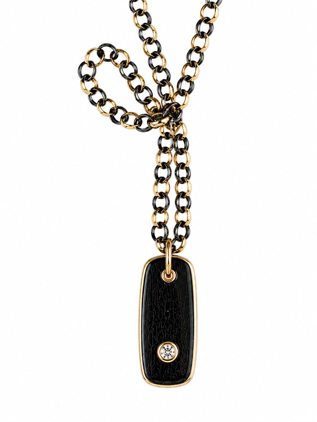 Black Whalebone Fossil Stone Rectangular Pendant with Diamond