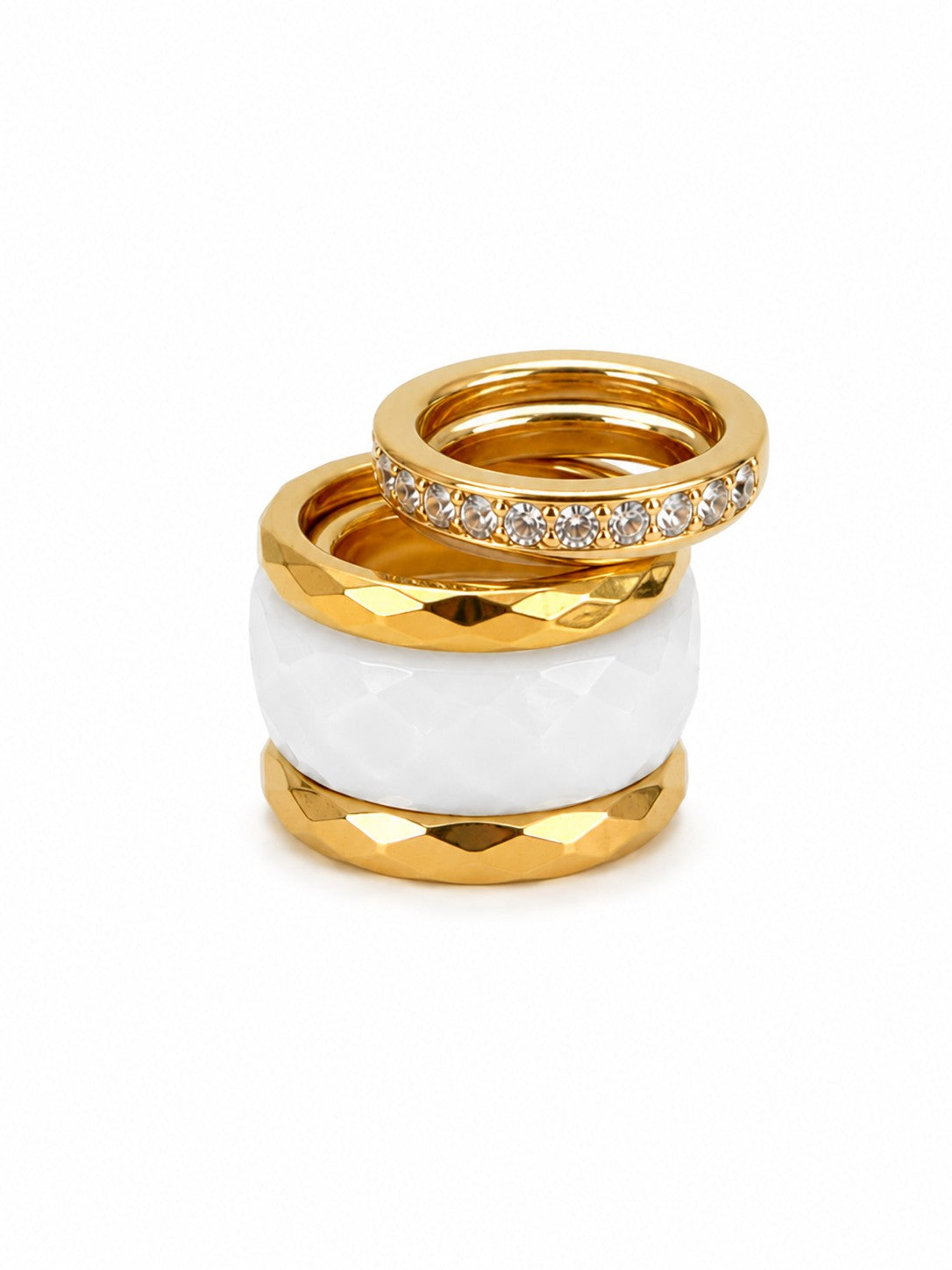Wide 14K Gold White Ice Jasper Faceted Stone Band